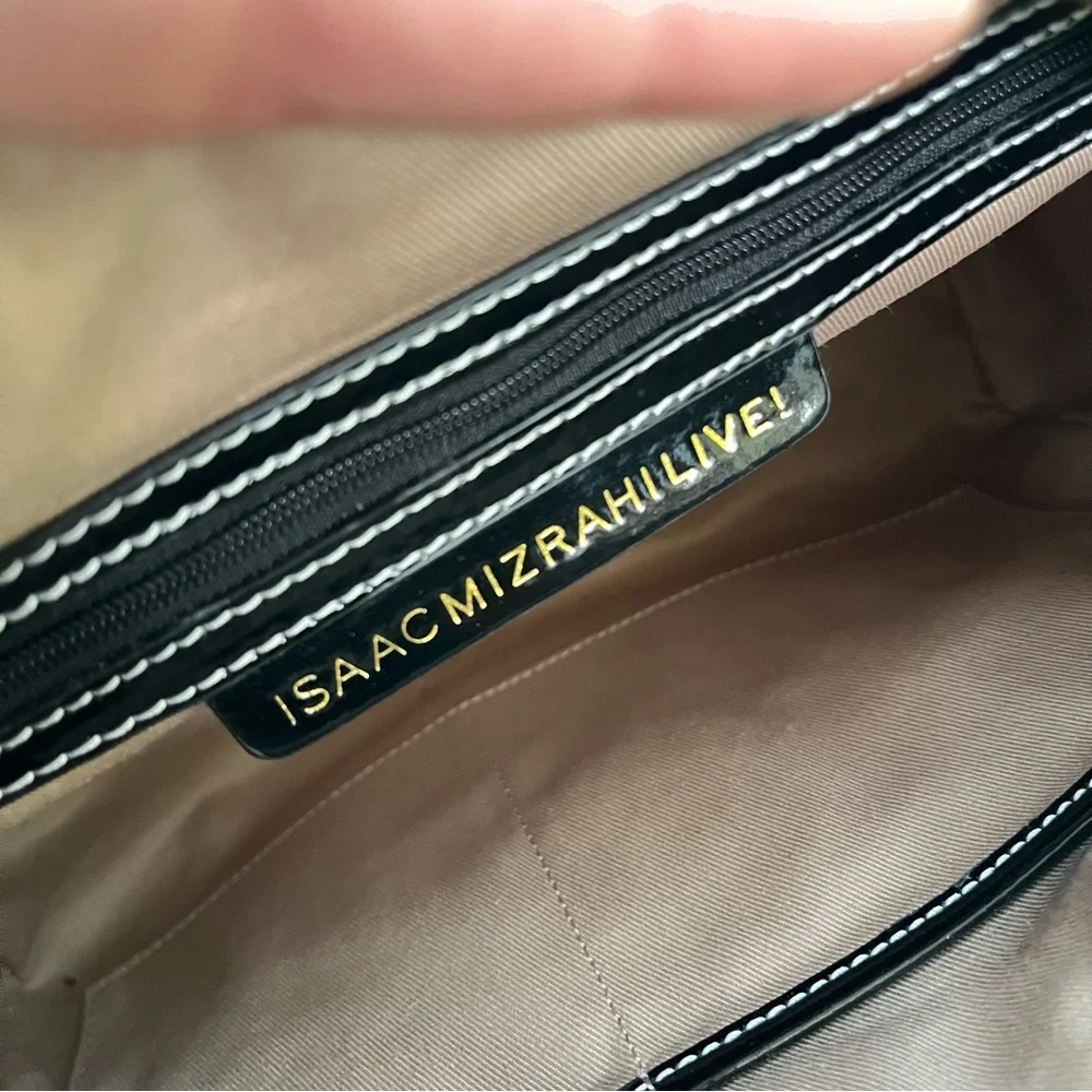 ISAAC MIZRAHI Black Patent Flower Boston Bag Satchel Tote